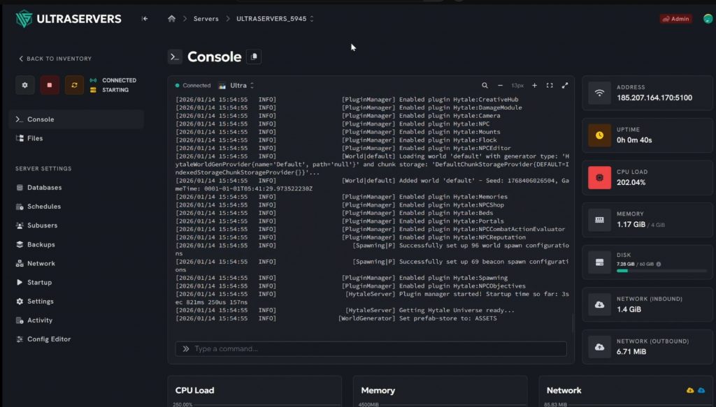 Ultraservers Hytale server starting up