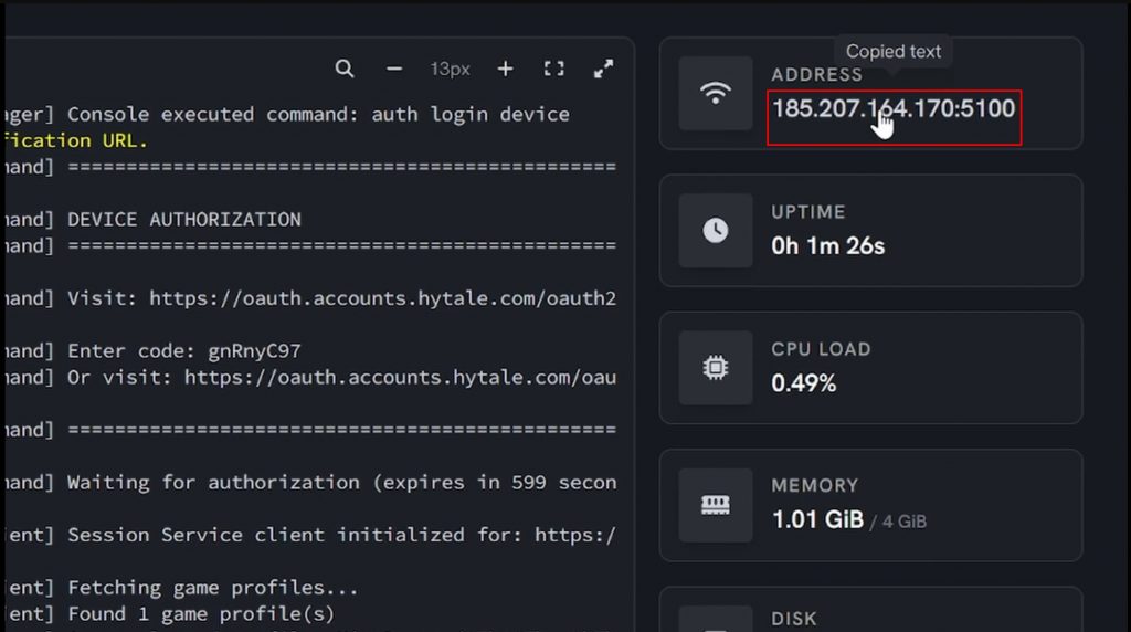 Copying Hytale server IP address